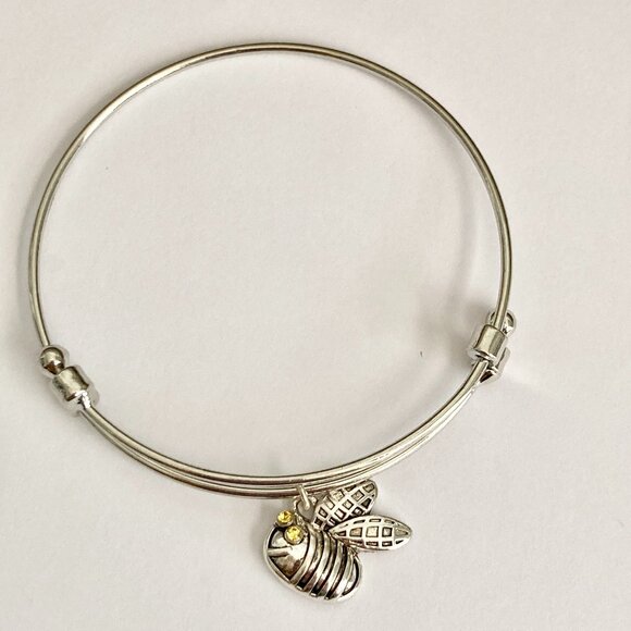 Silver Bumble Bee Charm Bracelet Bangle Adjustable Yellow Crystal Rhodium Plated - Picture 5 of 9
